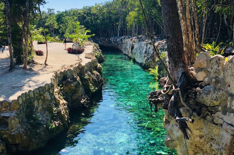 Canal de cenote entre pedras e árvores na Riviera Maya