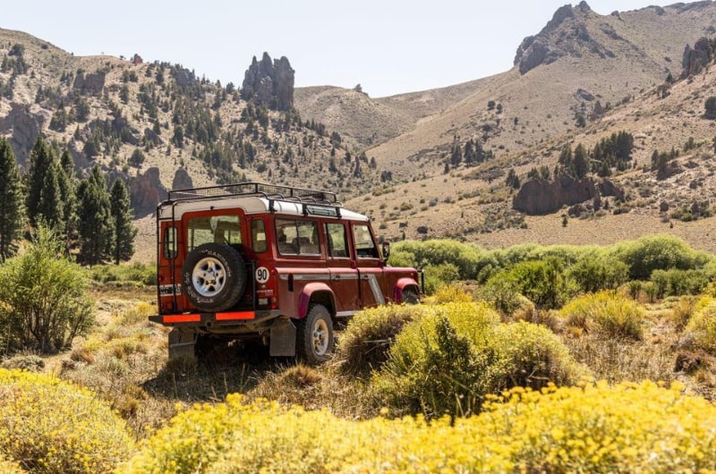 Land Rover vermelho entre arbustos floridos na Estância San Ramón