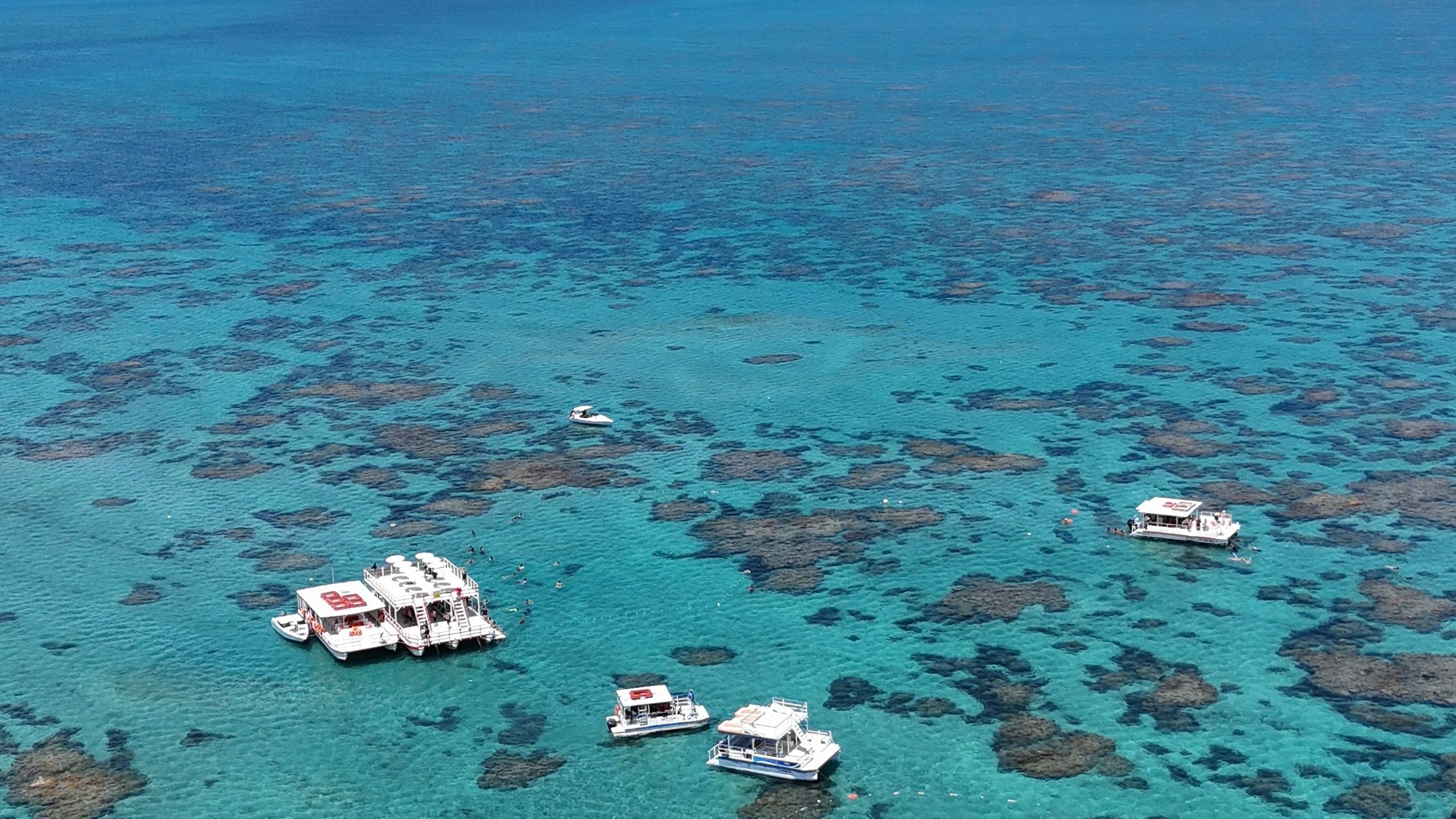 Vista aérea dos parrachos de Maracajaú, com catamarãs sobre a água azul, perto de Natal