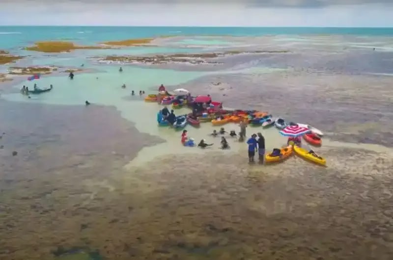 Pessoas nas piscinas naturais do Seixas na maré baixa