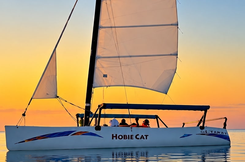 Veleiro catamarã ao nascer do sol no mar de San Andrés