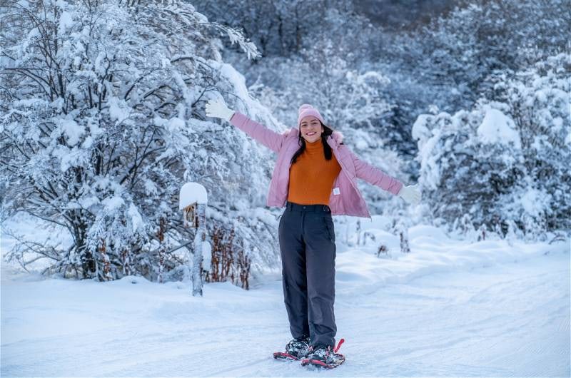 Viajante com raquetes de neve no bosque do Park Austral