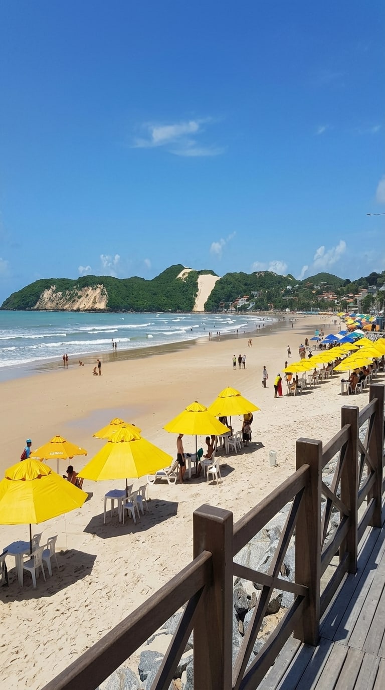 Mesas com guarda-sóis amarelos na areia da Praia de Ponta Negra, com o Morro do Careca ao fundo