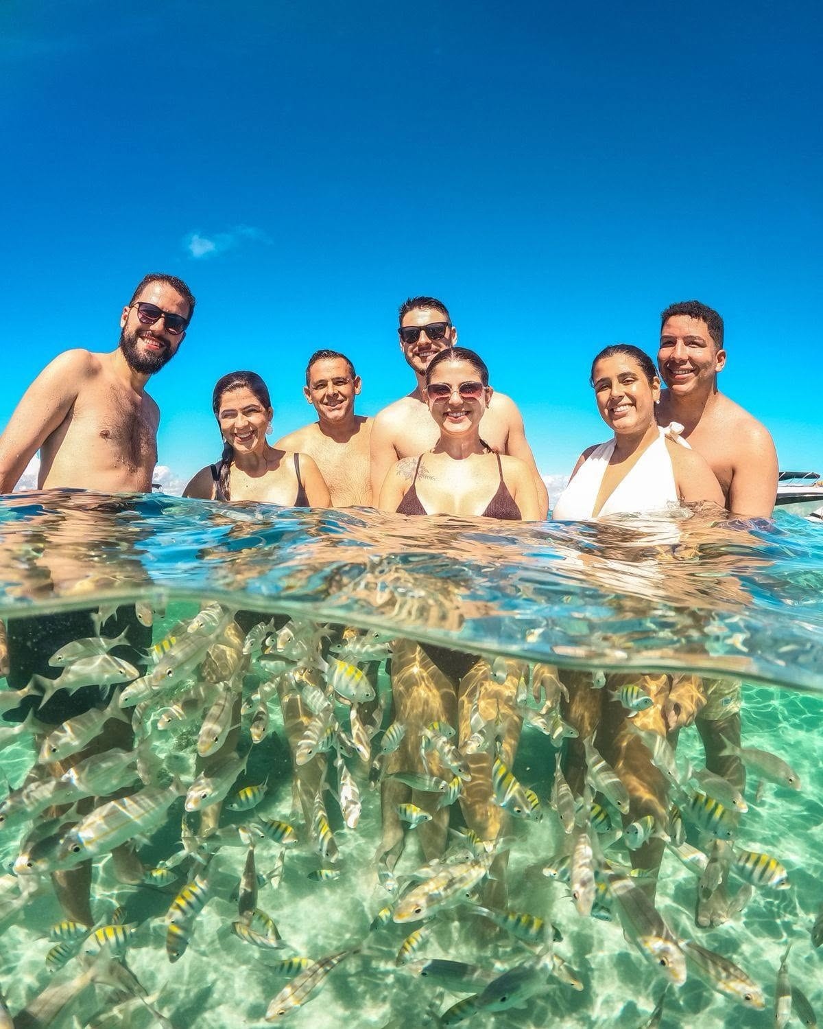 Grupo de amigos sorrindo dentro da água transparente de uma piscina natural, cercado de peixes