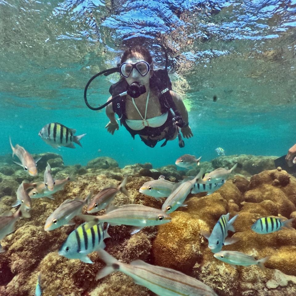 Mergulhadora com cilindro cercada de peixes sobre os corais dos parrachos de Maracajaú