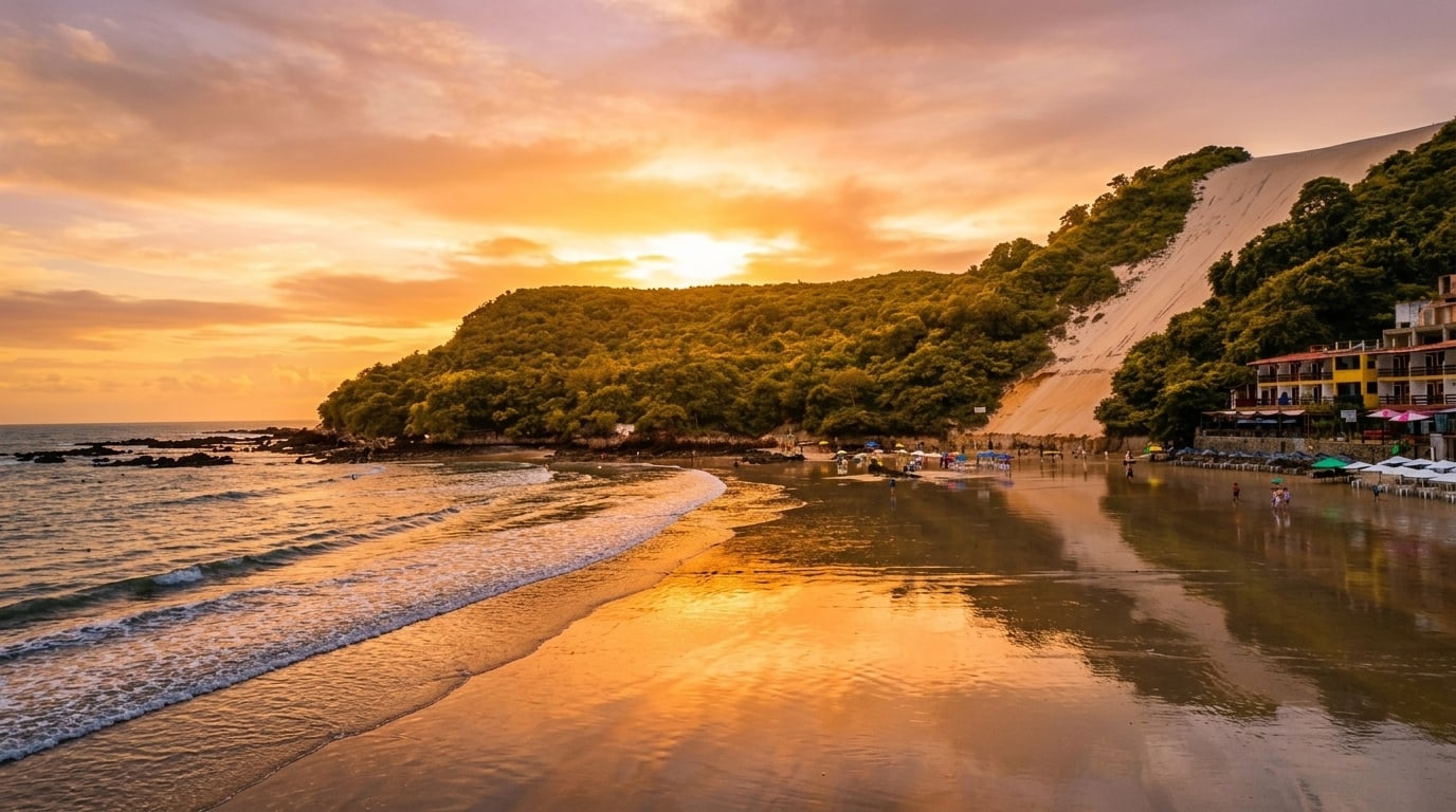 Pôr do sol dourado sobre o Morro do Careca, com a areia molhada refletindo o céu na Praia de Ponta Negra
