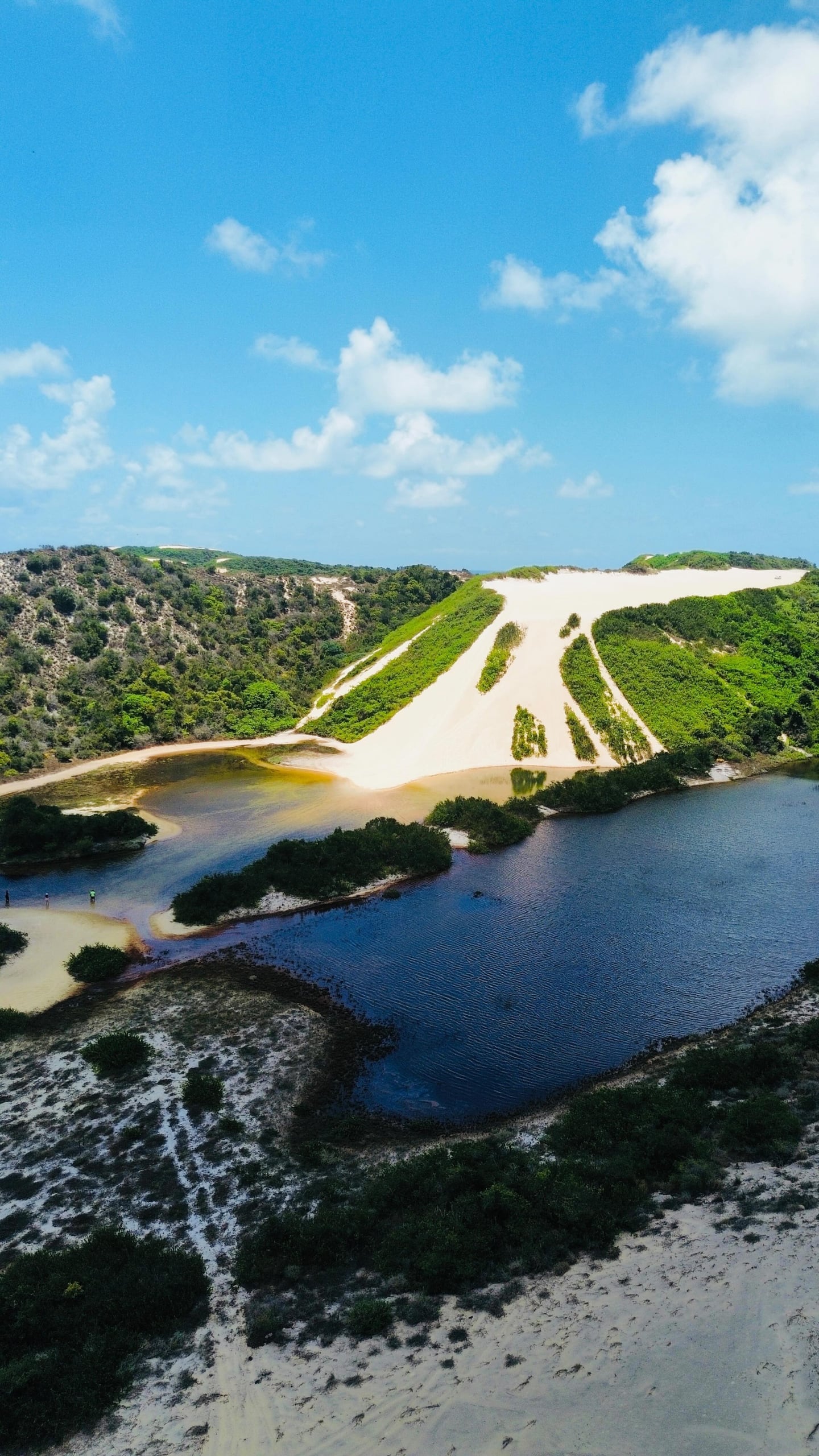 Vista aérea de uma lagoa de água escura ao pé de uma duna clara, cercada de vegetação, no Rio Grande do Norte